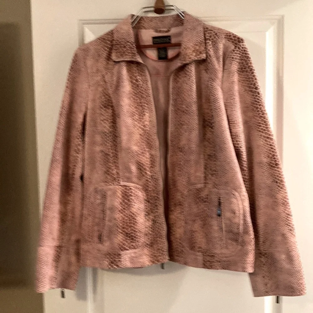 Women’s Dialogue jacket sz L zip front bomber style snake print pinks & tan - Picture 1 of 4